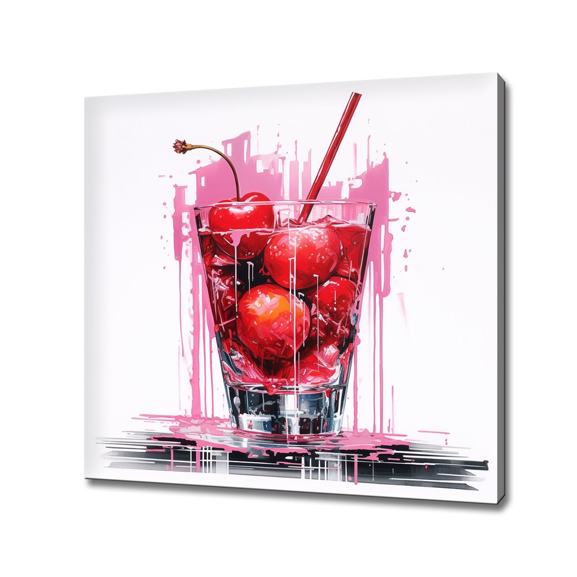 Cherry Manhattan Cocktail Watercolor Bar Decor Wall Art Print