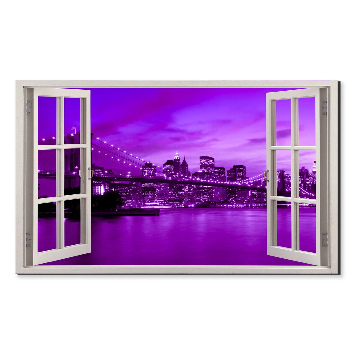 Brooklyn Bridge New York Purple Sky Open Window City Skyline Poster