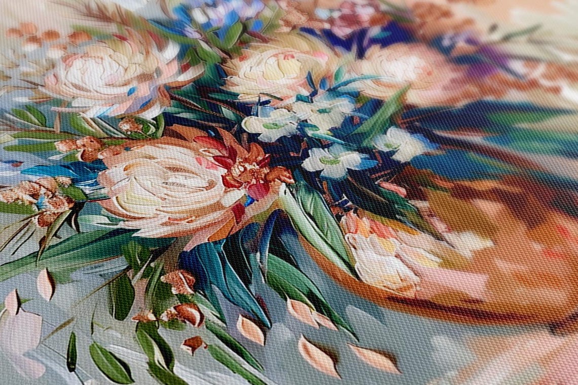 Pastel Flower Bouquet Copper Vase Impasto Still Life Painting Print - Image 4