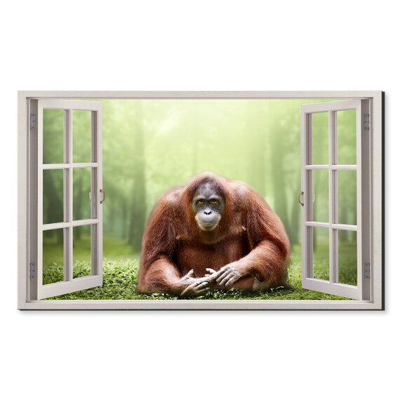 Female Orangutan In The Jungle Window View Window Frame Style Modern Design Home Decor Print Wall Art Picture Ready To Hang