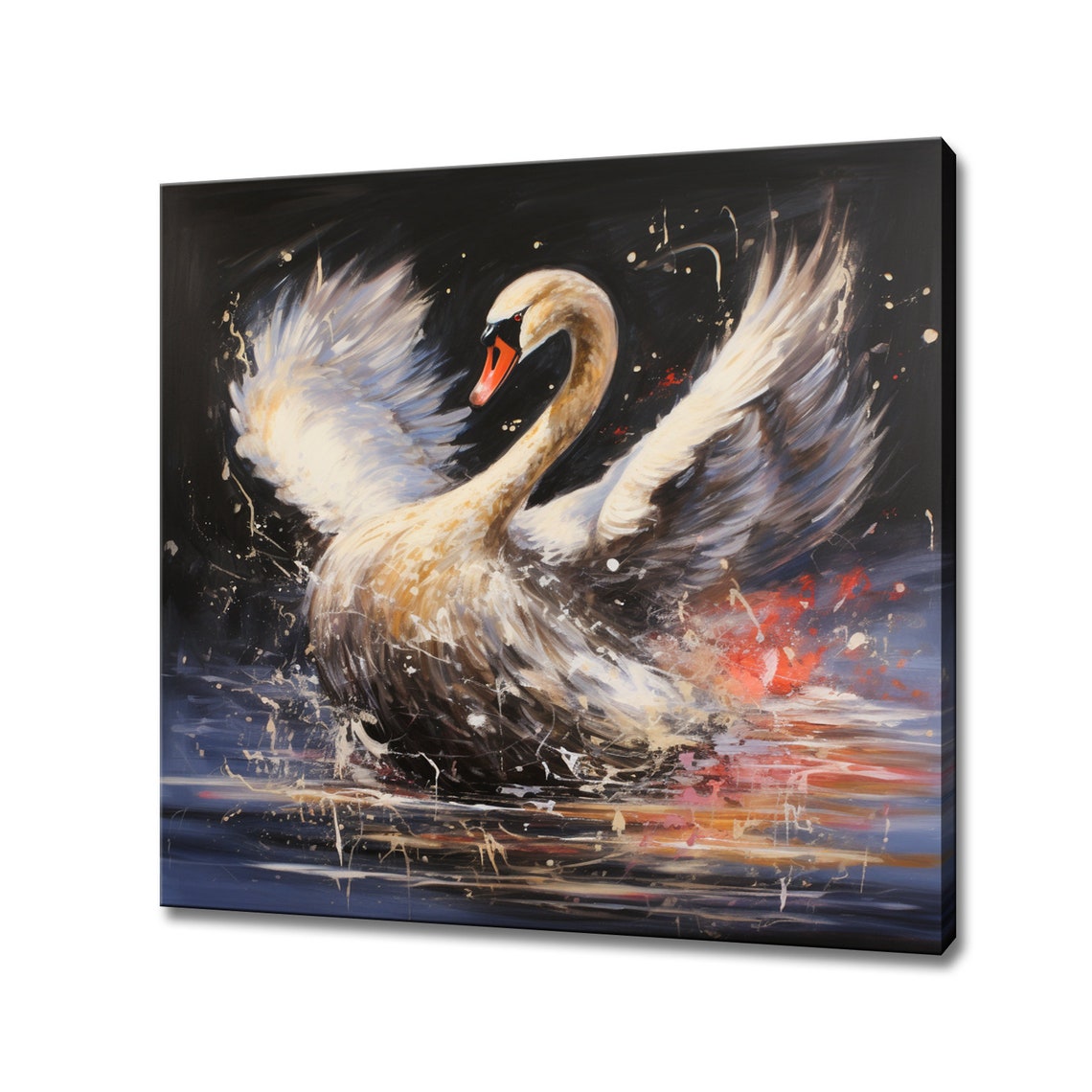 White Swan Taking Flight Wings Spread Dramatic Dark Water Poster