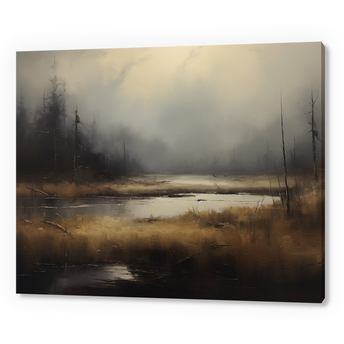 Vintage Country Foggy Lake Landscape Muted Moody Painting Style Print Farmhouse Decor Art Neutral Nature Picture Wall Hanging