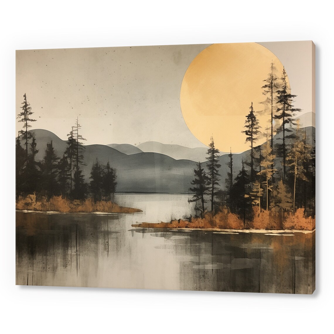 Golden Moon Over Misty Pine Lake Minimalist Japanese Style Poster