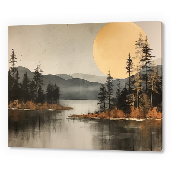 Vintage Landscape Lucent Moon Above The Lake Moody Painting Style Print Farmhouse Decor Art Neutral Nature Picture Wall Hanging