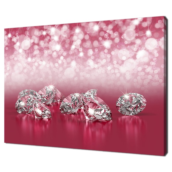 Shining Crystals Diamonds Gems On Dark Pink Background Modern Decor Print Wall Art Picture