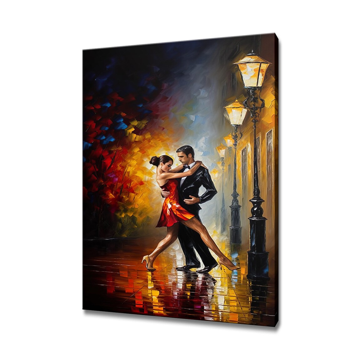 Romantic Couple Dancing Under Street Lamps Night Painting Style Wall Poster