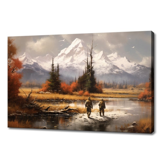 Snowy Mountains River Vintage Painting Style Print Farmhouse Decor Art Neutral Nature Picture Wall Hanging Fine Art Vintage