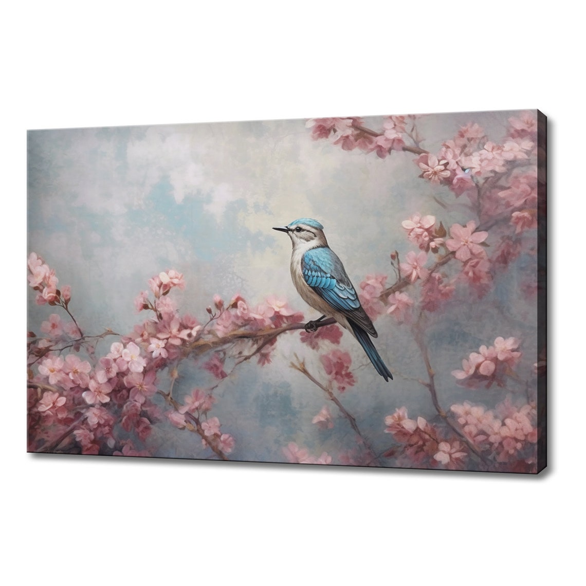 Delicate Blue Bird Perched On Pink Cherry Blossom Branch Spring Poster