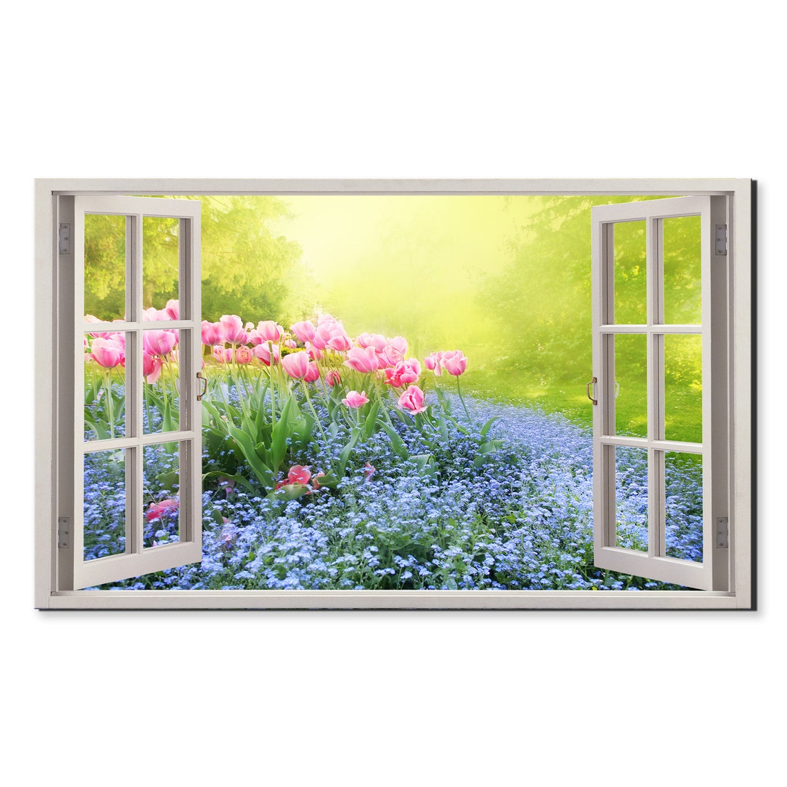 Pink Tulips Blue Flowers Sunny Garden Window Frame View Floral Poster