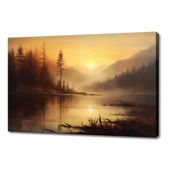 Sunset Over The Mountain Lake Vintage Landscape Painting Style Print Farmhouse Decor Art Nature Picture Wall Hanging Fine Art Print