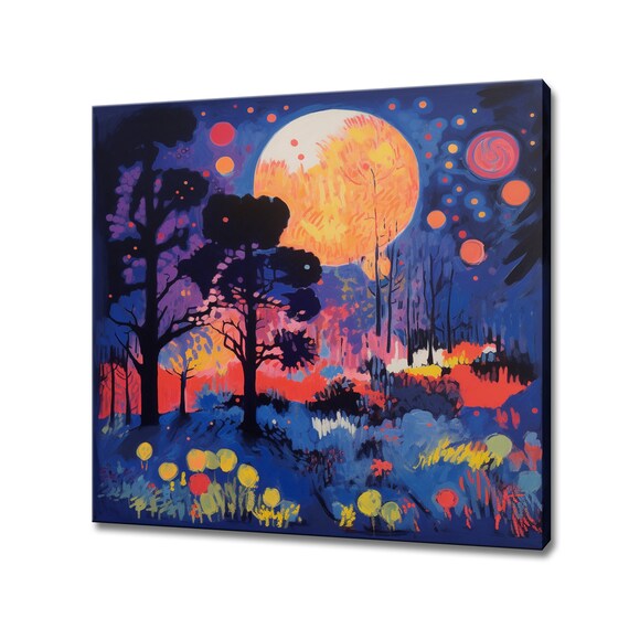Abstract Fantasy Orange Moon Above Forest Trees Painting Style Print Large Wall Art Print Nature Picture Wall Hanging