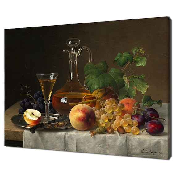 Vintage Fruit Still Life Oil Painting Decanter Grapes Fine Art Print