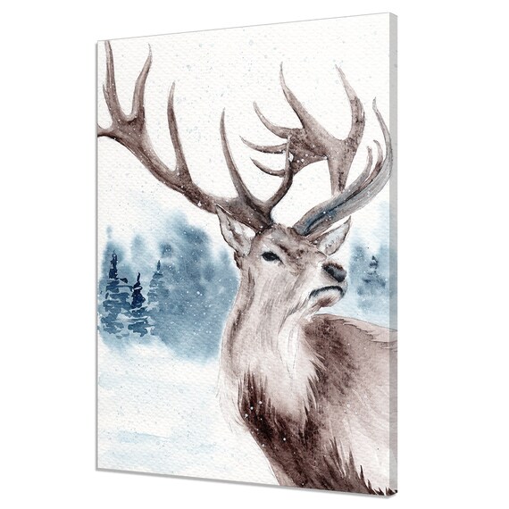 Red Deer Stag In Snowy Forest Watercolor Winter Wildlife Elegant Art Poster