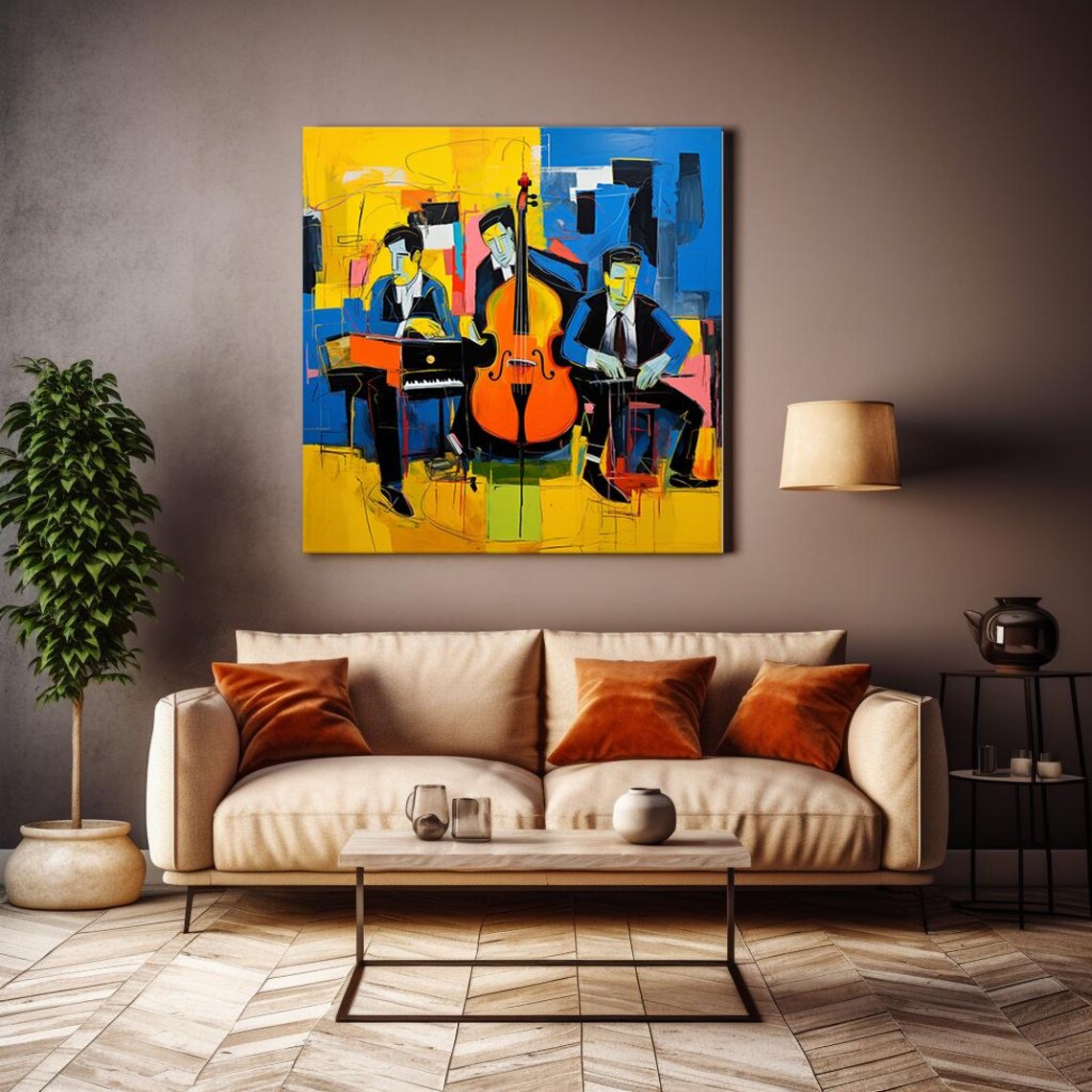 Jazz Trio Yellow Blue Abstract Painting Cello Piano Nightclub Poster - Image 4