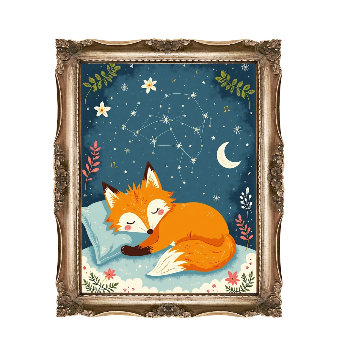 Sleeping Fox Constellation Night Sky Dreamy Nursery Baby Room Print