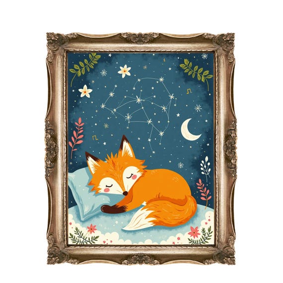 Sleeping Fox Wall Art For Kids Or Nurseries Constellation Night Sky Decor Dreamy Nursery Baby Room