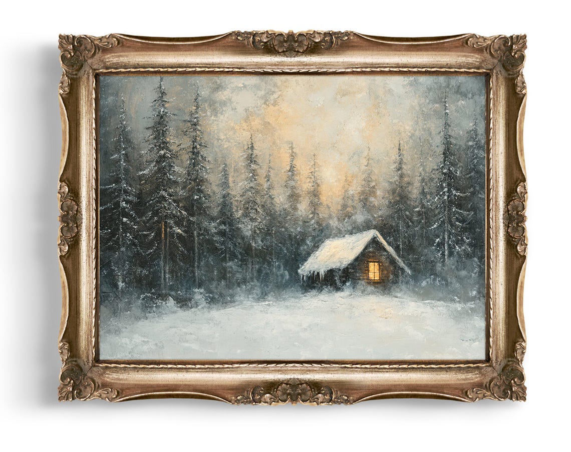 Winter Cabin in Snowy Woods Warm Window Light Vintage Poster
