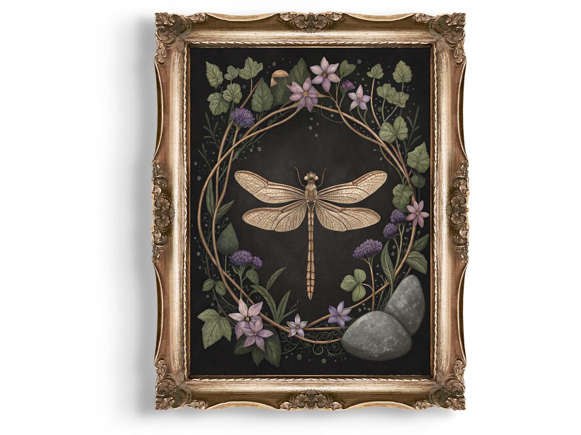 Vintage Dragonfly Botanical Wreath Purple Flowers Dark Art Poster