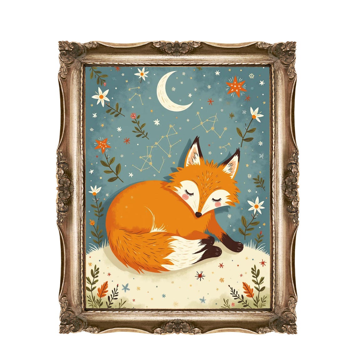 Sleeping Fox Curled Under Moon Stars Constellation Nursery Wall Art