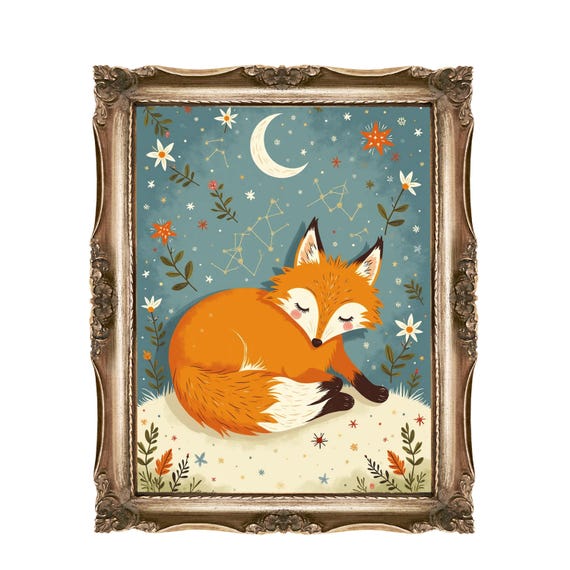 Sleeping Fox Wall Art For Kids Nursery Decor Constellation Moon Baby Room Print