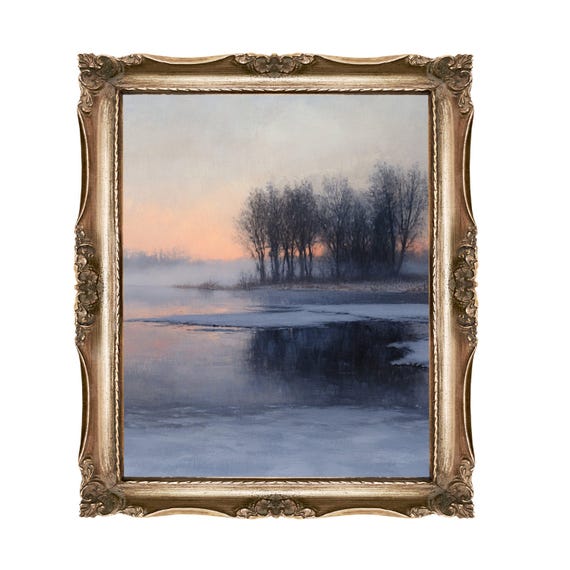 Winter Lake Art Print Trees Reflection Fine Misty Landscape Wall Sunset Scenery Painting Home Decor