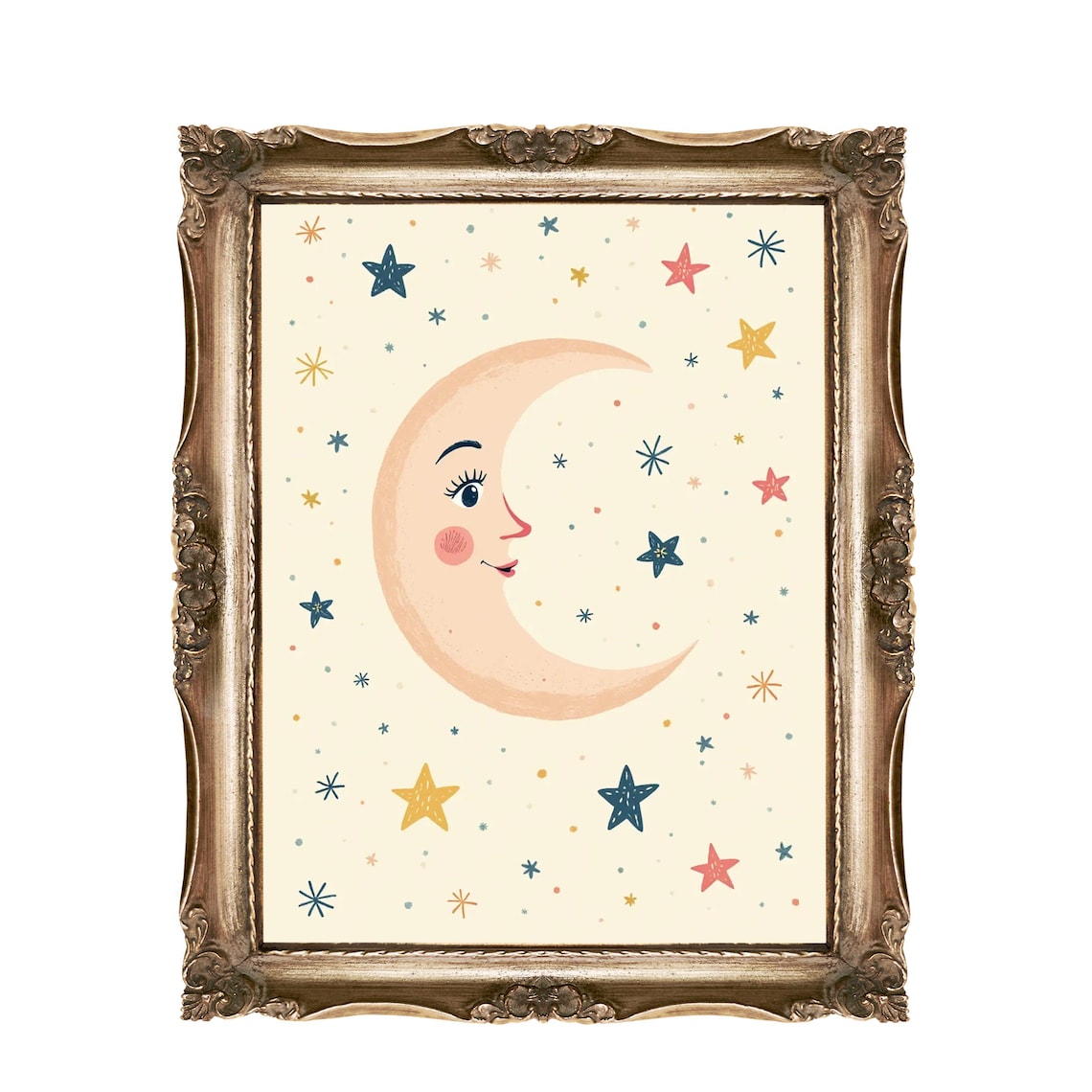 Smiling Crescent Moon and Stars Celestial Nursery Art Poster