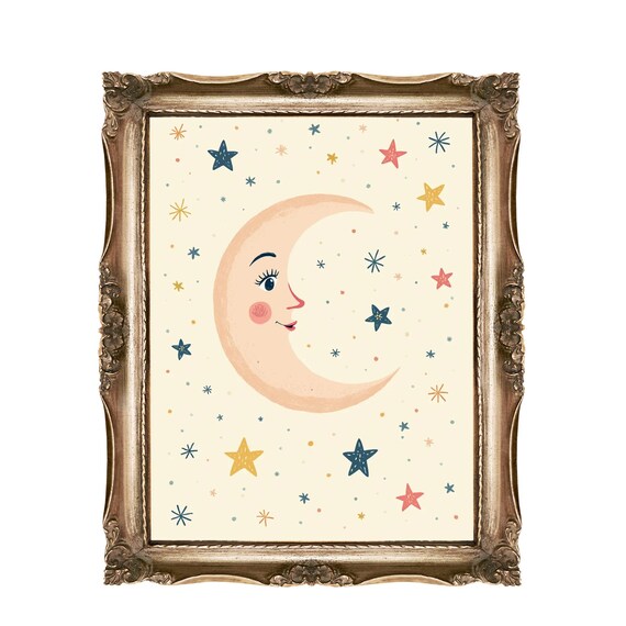 Smiling Crescent Moon and Stars Celestial Nursery Art Poster