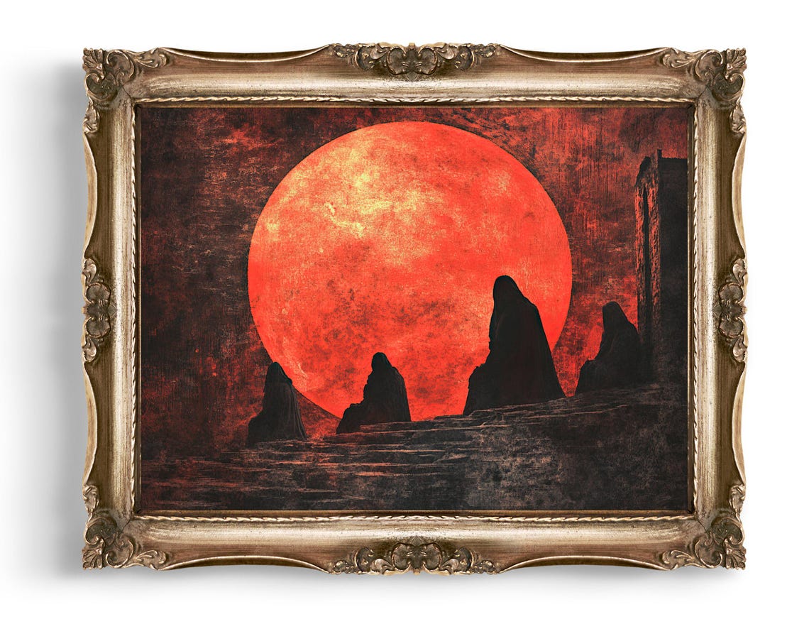 Crimson Blood Moon With Hooded Figures Dark Fantasy Wall Poster