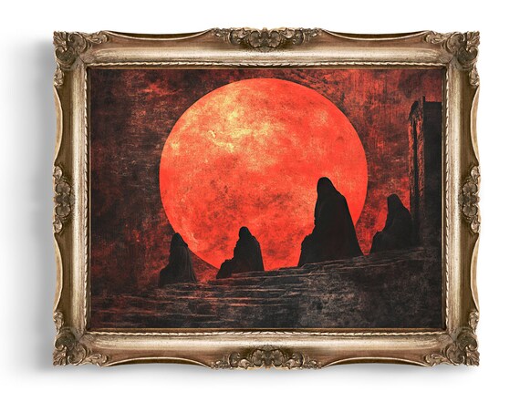 Crimson Blood Moon With Hooded Figures Dark Fantasy Wall Poster