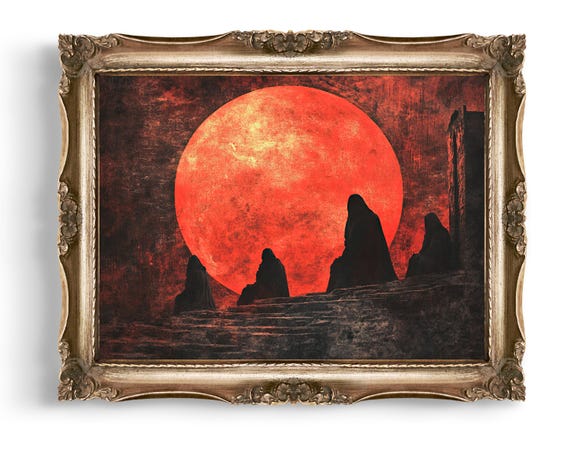 Crimson Moon Art Dark Fantasy Print Occult Wall Decor Downloads Of Dramatic Horror Red Artwork