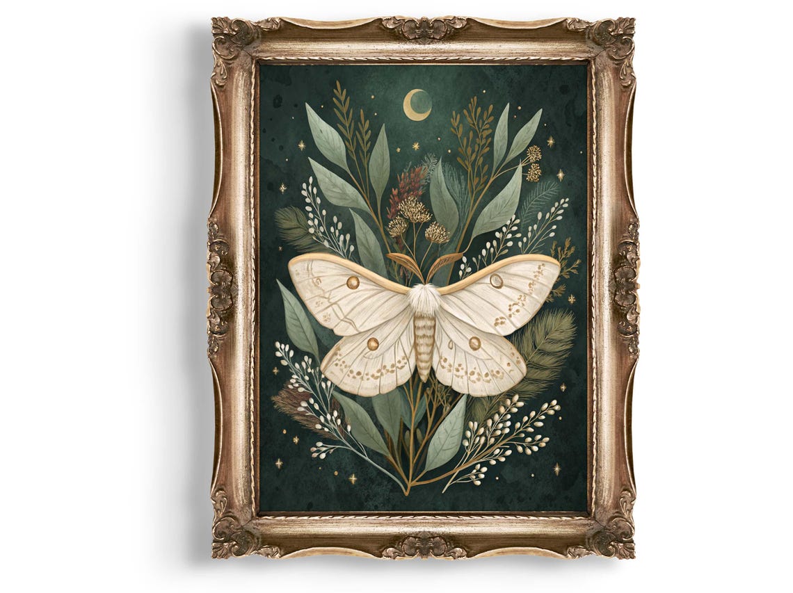 Luna Moth Botanical Celestial Moonlight Dark Academia Art Print