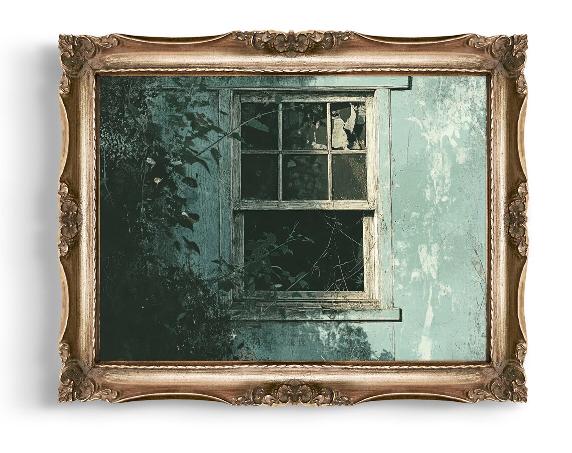 Broken Window of Abandoned House Vintage Creepy Photography Poster