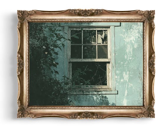 Vintage Creepy Wall Art Broken Window Abandoned House Spooky Decor Dark Print Gothic Home