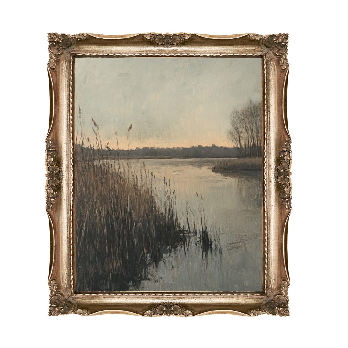 Serene Lake Reflections With Reeds Calm Neutral Landscape Wall Art