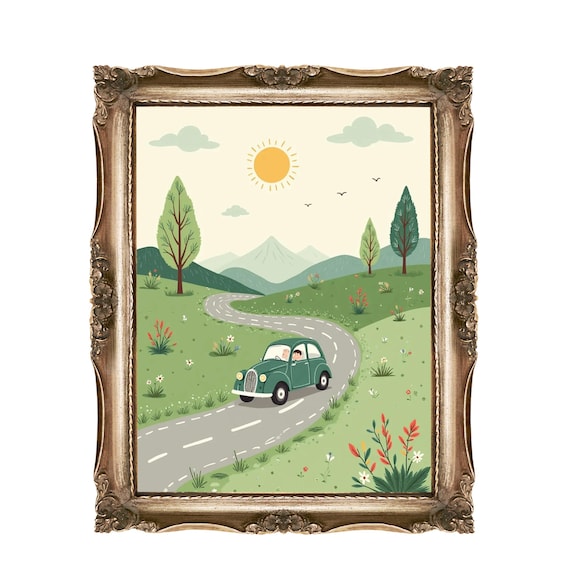 Retro Green Vintage Car Road Trip Countryside Kids Room Wall Art