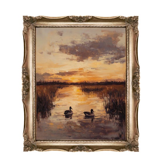 Ducks Painting Art Print Wildlife Sunset Impressionist Wall Lake Scene Waterfowl