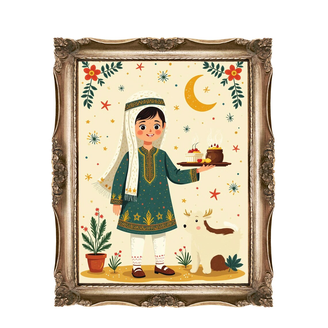Eid Mubarak Girl In Traditional Outfit With Sweets Crescent Moon Poster