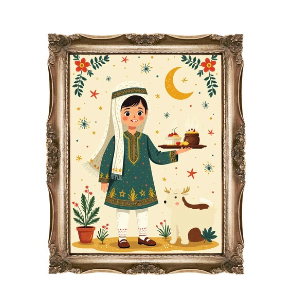 Eid Mubarak Girl In Traditional Outfit With Sweets Crescent Moon Poster