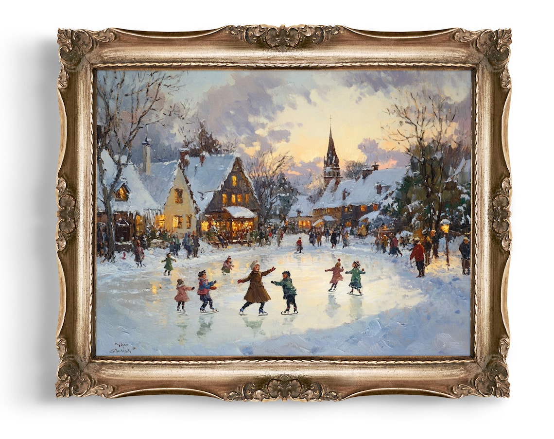 Vintage Village Ice Skating Winter Christmas Oil Painting Poster