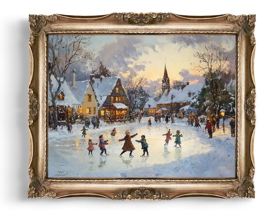 Vintage Village Ice Skating Winter Christmas Oil Painting Poster