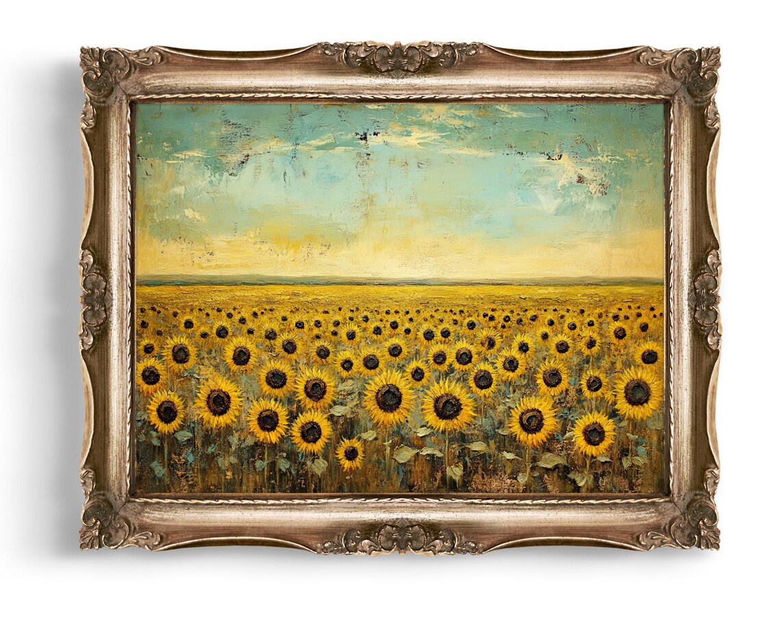 Golden Sunflower Field Vintage Painting Warm Floral Art Poster