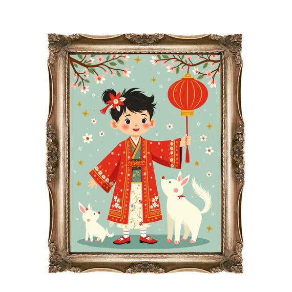 Lunar New Year Wall Art Cute Girl Lantern Dog Chinese Decor Instant Kids Room Nursery
