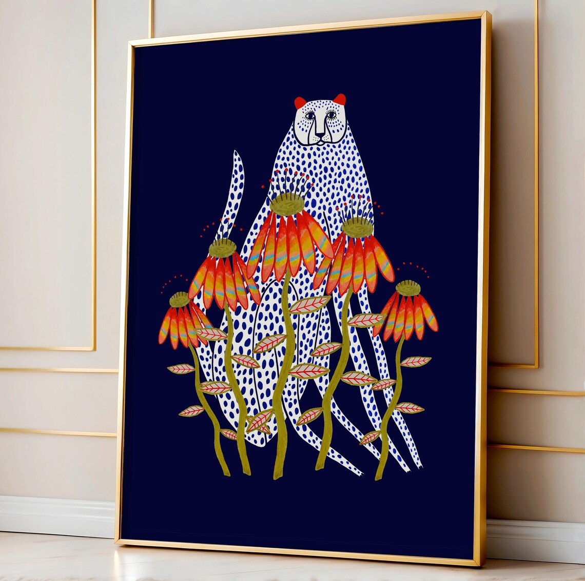 Snow Cheetah Floral Animal Illustration Art Print