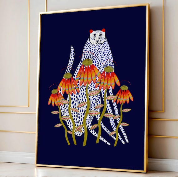 Snow Cheetah Floral Animal Illustration Art Print