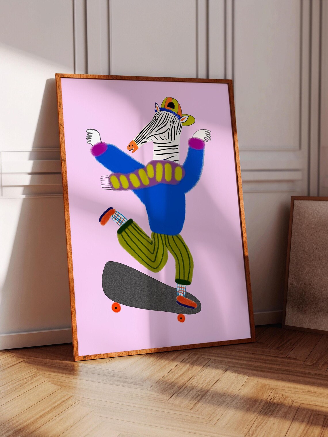 Skateboarding Zebra in Sweater Fun Colorful Kids Room Art Poster