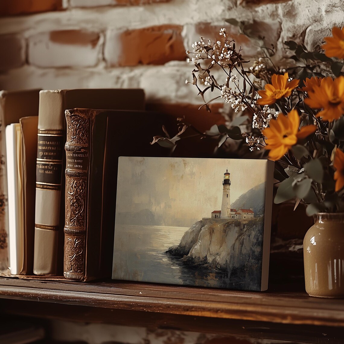 White Lighthouse on Rocky Cliff Misty Seascape Coastal Poster - Image 3