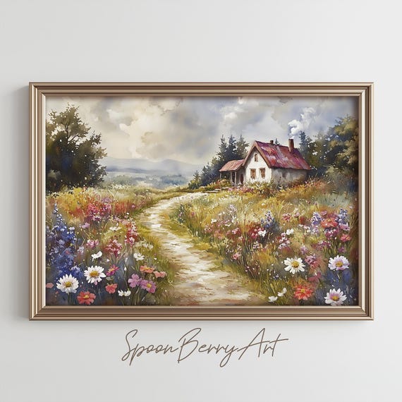 Cottage Path Painting Vintage Wildflowers Wall Print Flower Print Wall Decor Floral Wall Art Moody Oil Painting Art