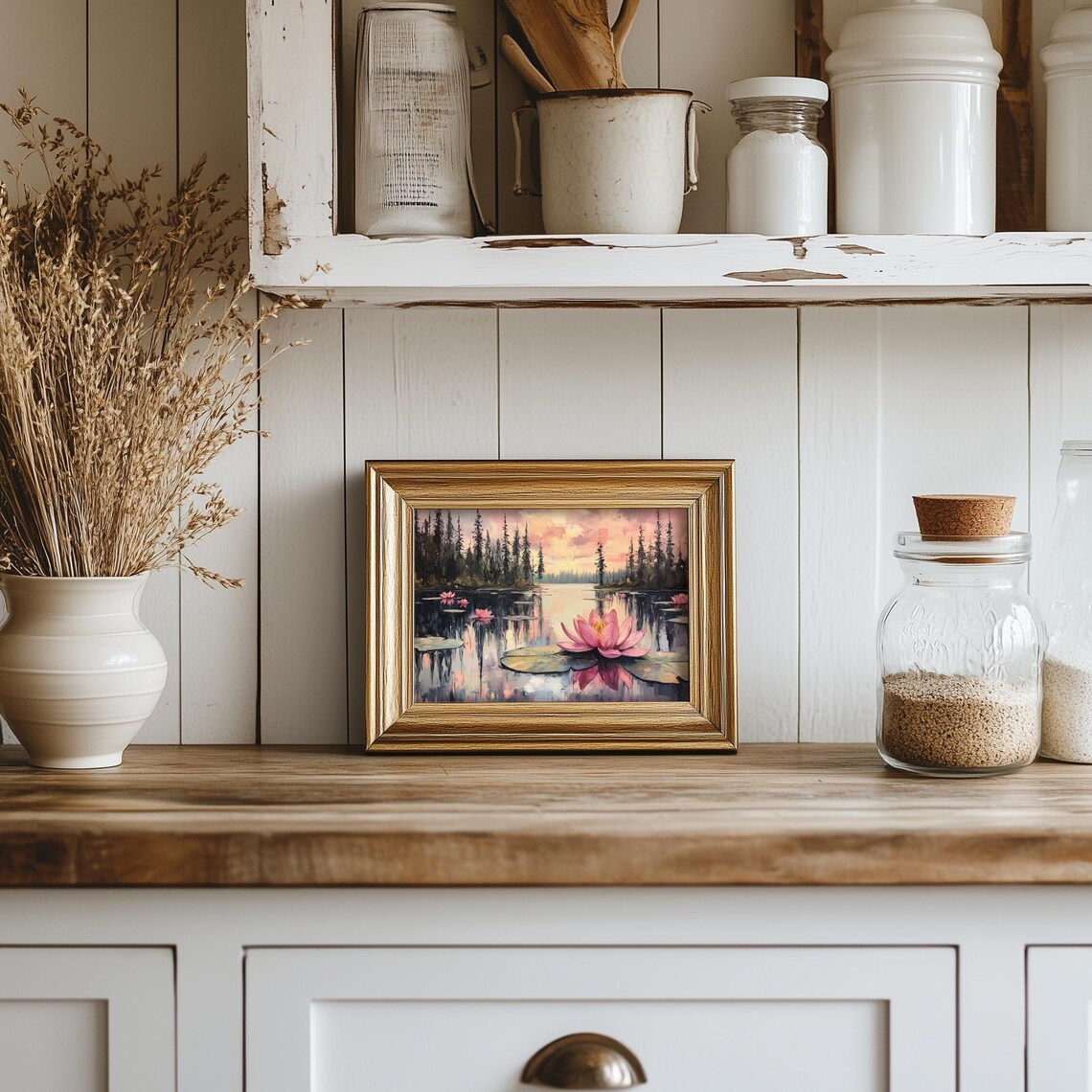 Pink Lily Pad Painting Vintage Flower Wall Print Water Lily Print Wall Decor Floral Wall Art Moody Oil Painting Art - Image 5