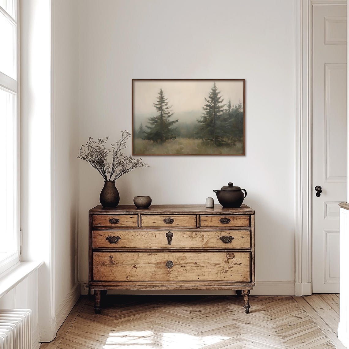 Misty Pine Forest With Tall Evergreens In Soft Morning Light Poster - Image 4