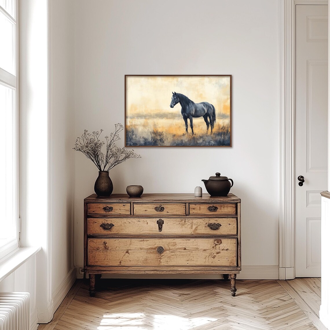 Black Horse Standing In Golden Misty Meadow At Sunrise Poster - Image 3